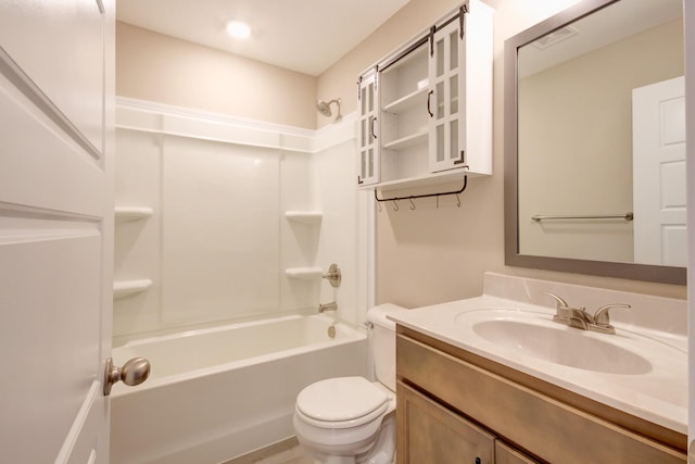 full bath featuring vanity, toilet, visible vents, and shower / bath combination