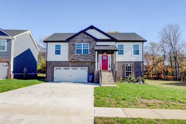 bi-level home with brick siding, an attached garage, driveway, and a front lawn