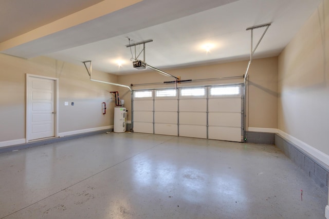 garage featuring electric water heater, a garage door opener, and baseboards