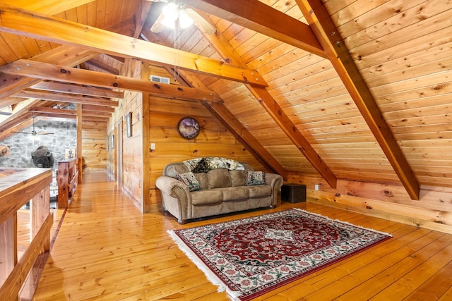 interior space featuring light wood-style flooring, vaulted ceiling with beams, wood ceiling, and wood walls