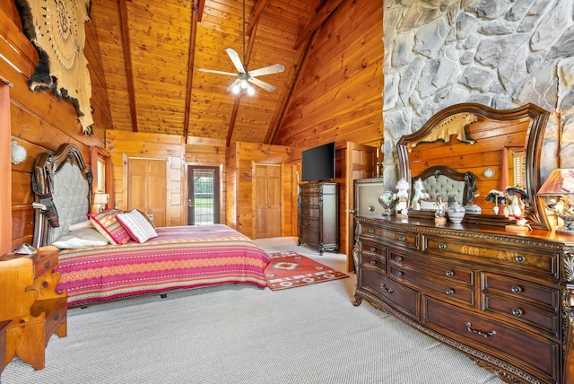 bedroom featuring beamed ceiling, high vaulted ceiling, wooden walls, wooden ceiling, and carpet flooring