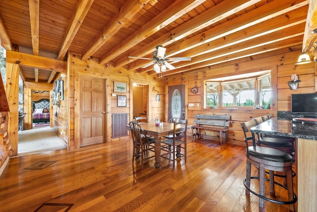 dining area with wood-type flooring, wooden walls, beam ceiling, and wooden ceiling