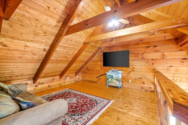 living area with wood walls, wood ceiling, lofted ceiling with beams, and wood finished floors