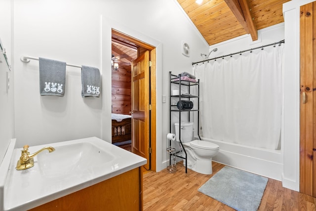 full bathroom with toilet, wood ceiling, wood finished floors, and shower / tub combo