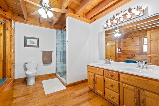 full bathroom with wooden ceiling, wood finished floors, a stall shower, and a sink