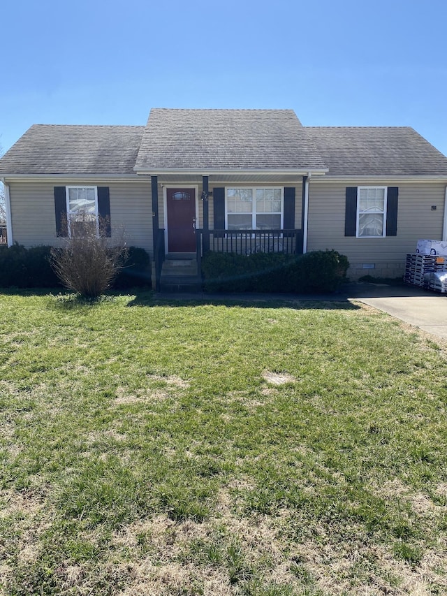 ranch-style house featuring a front yard, covered porch, roof with shingles, and crawl space