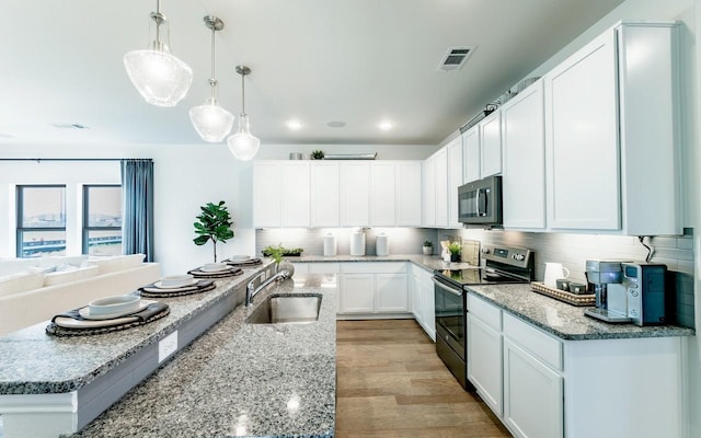 kitchen with visible vents, a sink, white cabinets, appliances with stainless steel finishes, and backsplash