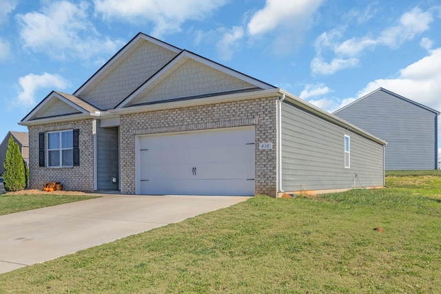 view of front of home with a garage, brick siding, concrete driveway, and a front yard