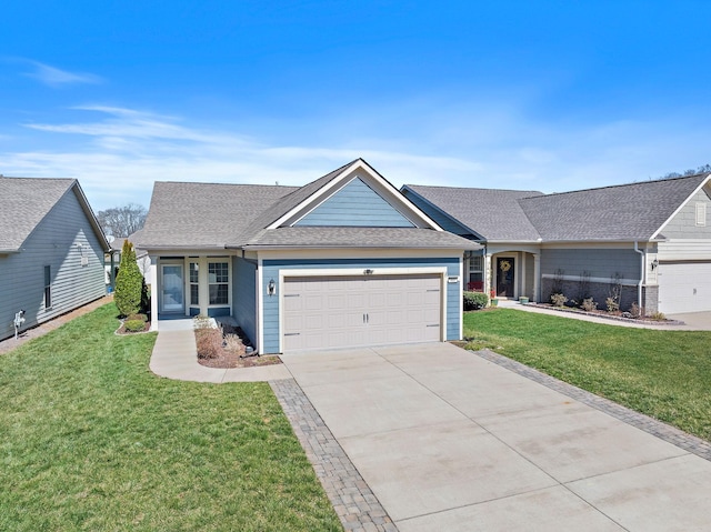 single story home with a front lawn, concrete driveway, a garage, and roof with shingles