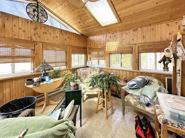 sunroom with lofted ceiling with skylight, plenty of natural light, and wooden ceiling