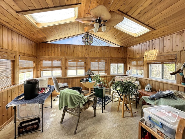 sunroom featuring vaulted ceiling with skylight, wooden ceiling, and ceiling fan