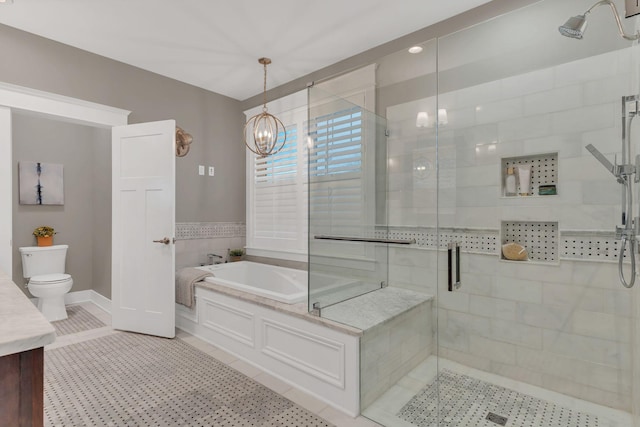 bathroom featuring toilet, a bath, a shower stall, and tile patterned flooring