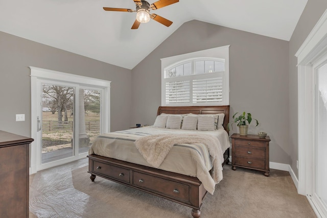 bedroom with a ceiling fan, baseboards, access to exterior, vaulted ceiling, and light carpet