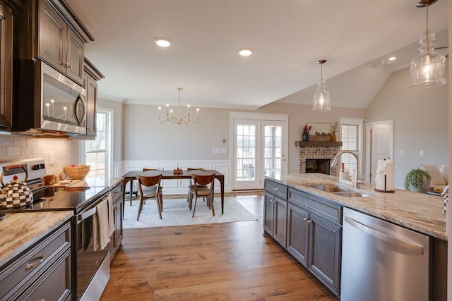 kitchen with wood finished floors, plenty of natural light, a fireplace, a sink, and stainless steel appliances