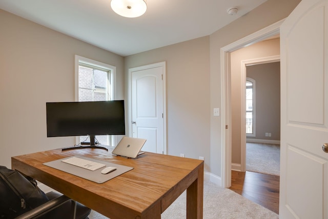 office space with carpet flooring, a healthy amount of sunlight, baseboards, and wood finished floors