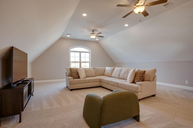 living room featuring visible vents, baseboards, recessed lighting, vaulted ceiling, and light carpet