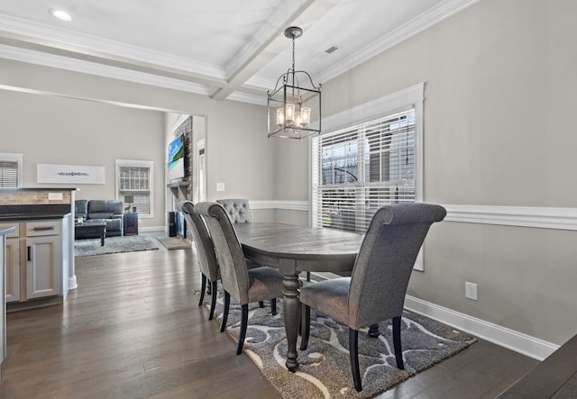 dining space featuring a chandelier, beamed ceiling, baseboards, and dark wood-style flooring