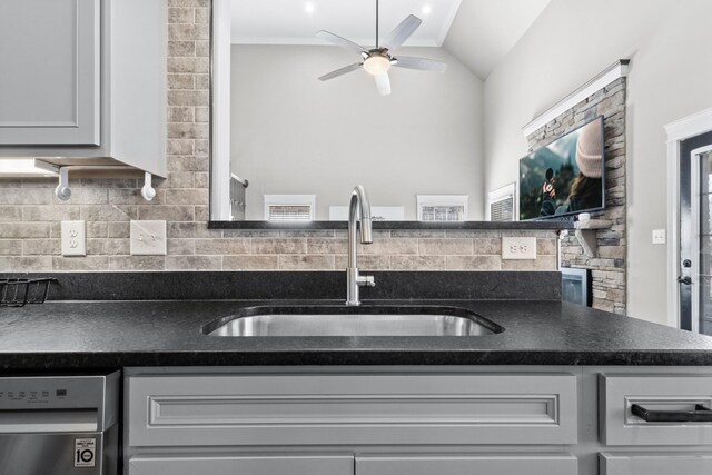 kitchen featuring a sink, dark countertops, decorative backsplash, dishwasher, and ceiling fan