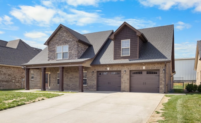 view of front of property featuring brick siding, driveway, a shingled roof, and a garage