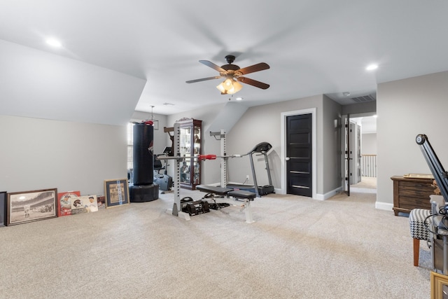 workout room featuring visible vents, recessed lighting, carpet, baseboards, and ceiling fan