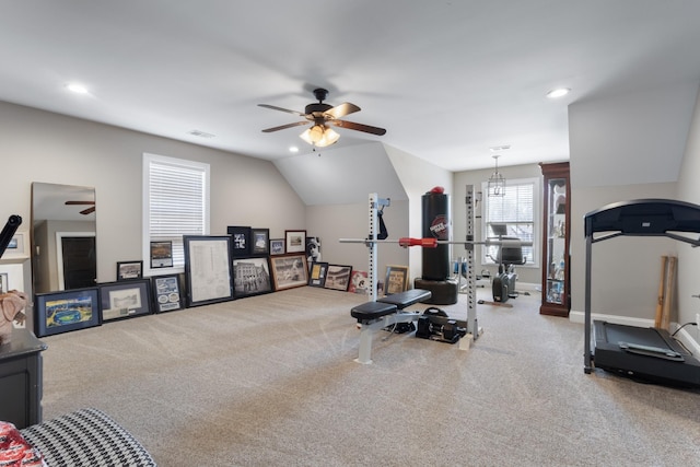 exercise room with visible vents, carpet, vaulted ceiling, recessed lighting, and a ceiling fan