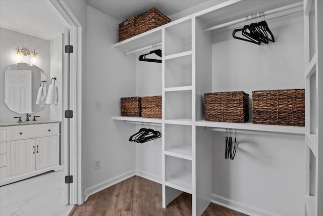 walk in closet with wood finished floors and a sink