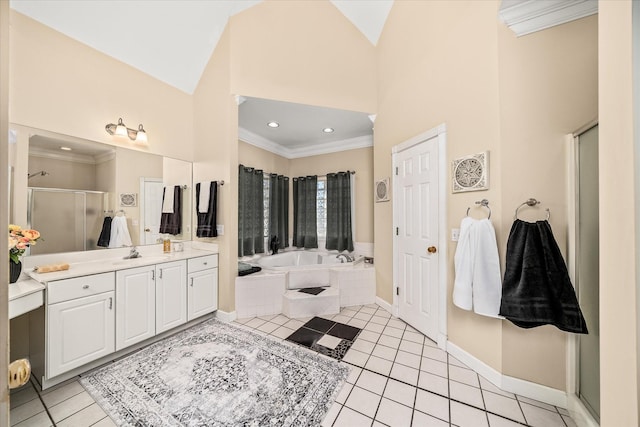 full bath with tile patterned floors, a bath, a stall shower, and ornamental molding