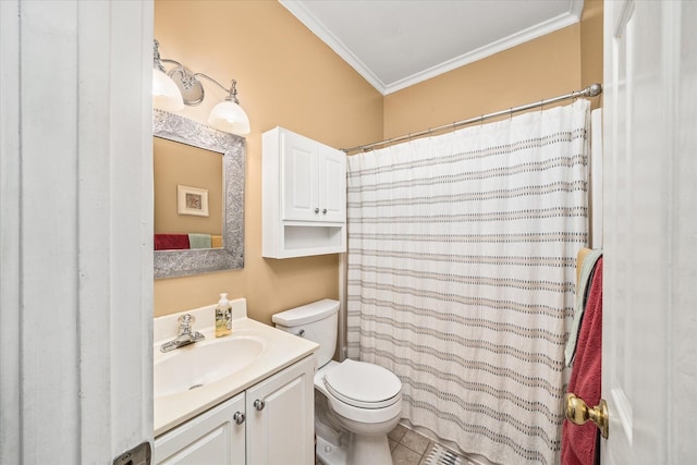 full bath with a shower with shower curtain, vanity, toilet, and crown molding