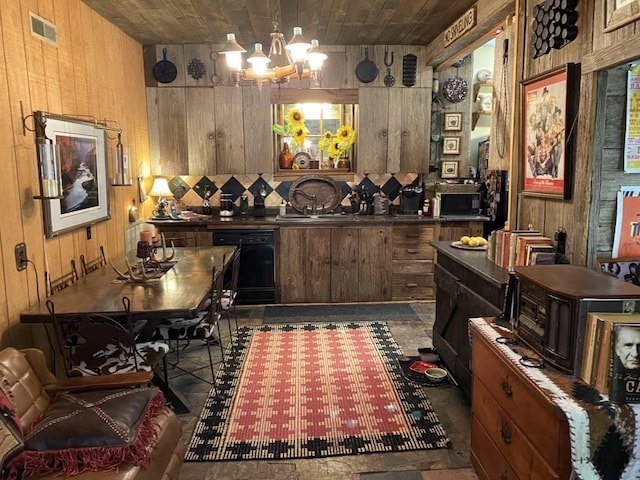 bar with wooden walls, visible vents, black dishwasher, an inviting chandelier, and a sink