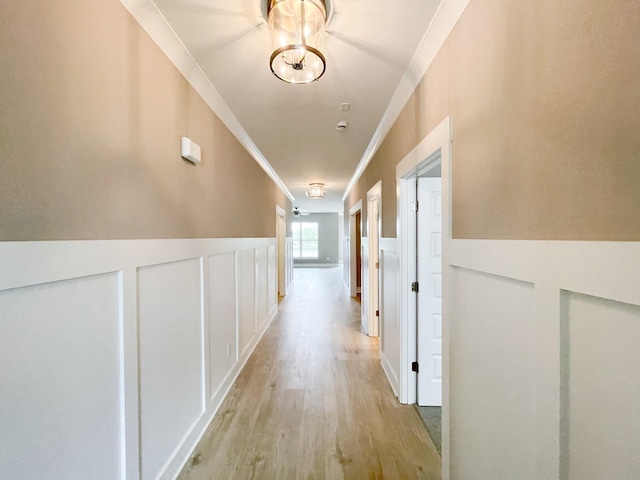 hall with a wainscoted wall, a decorative wall, crown molding, and light wood finished floors