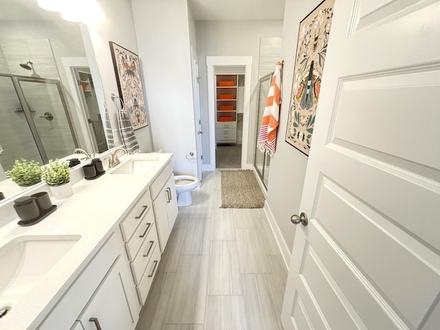 bathroom featuring a walk in closet, a shower stall, double vanity, and a sink