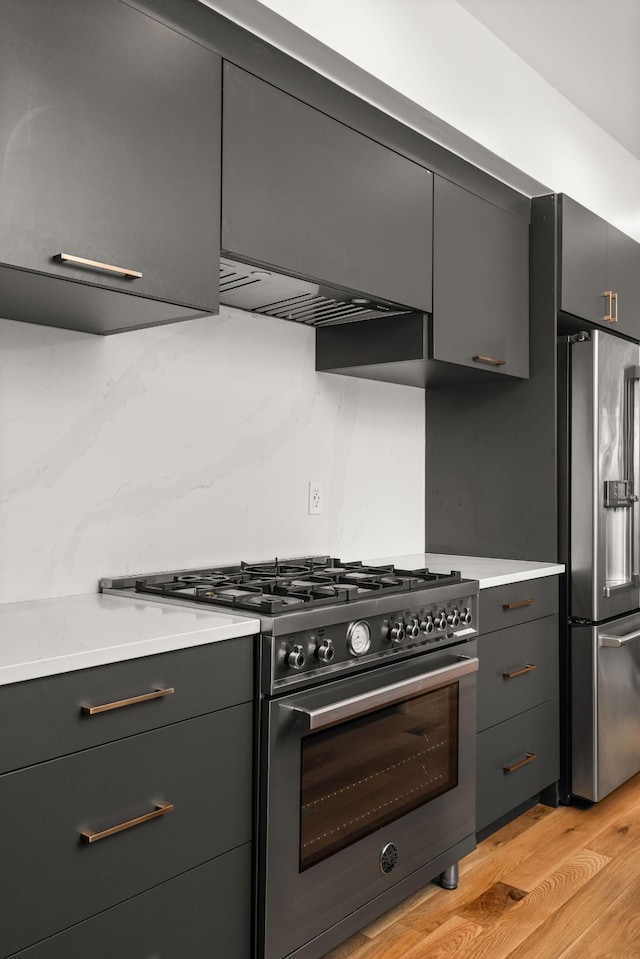 kitchen featuring light wood finished floors, appliances with stainless steel finishes, gray cabinetry, and light countertops