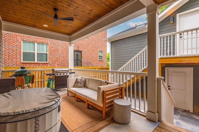 deck with a grill, stairs, an outdoor hangout area, and ceiling fan