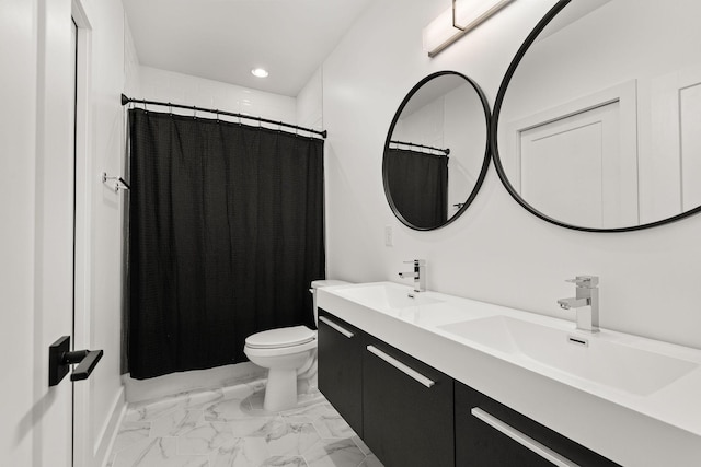 full bath with a sink, toilet, marble finish floor, and recessed lighting