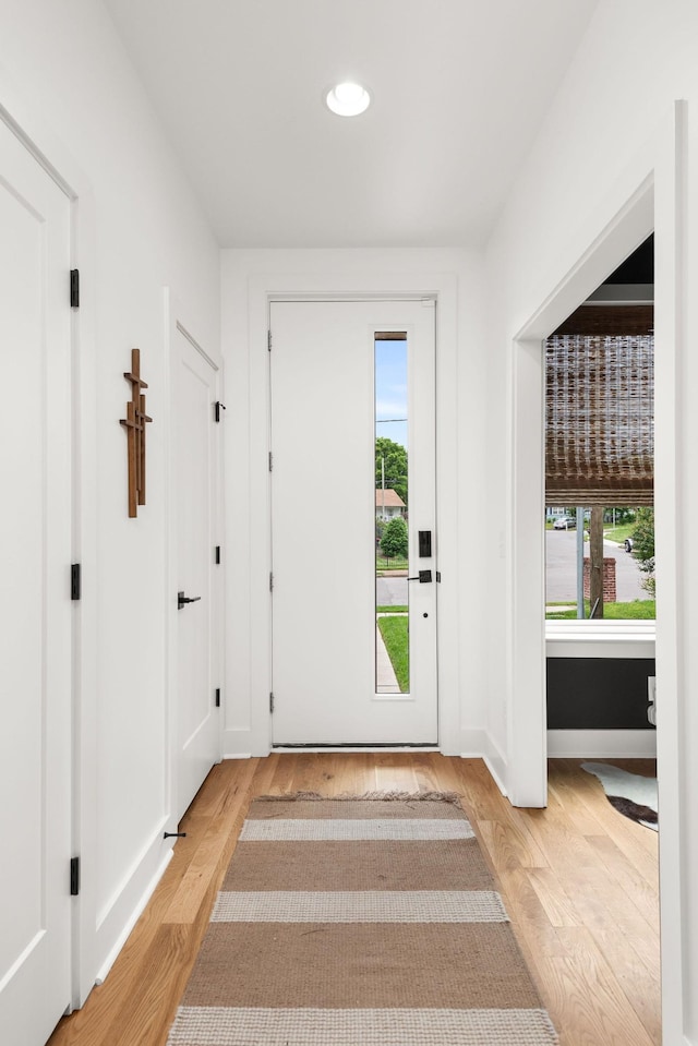 foyer with plenty of natural light, light wood-style floors, and baseboards