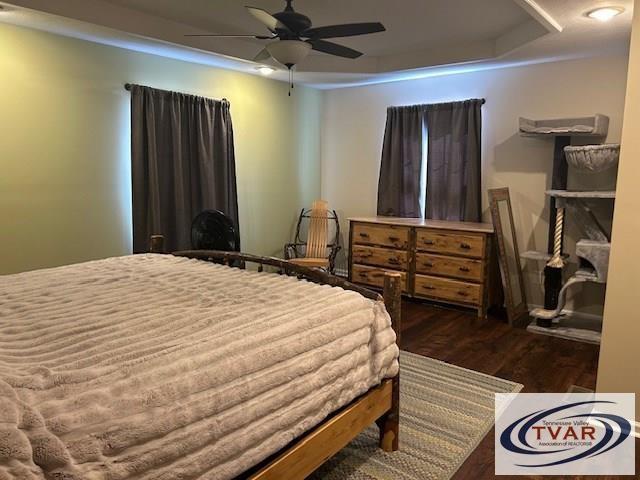 bedroom featuring a ceiling fan, a tray ceiling, and wood finished floors