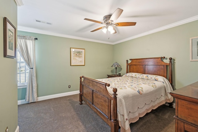 bedroom with carpet, crown molding, baseboards, and visible vents