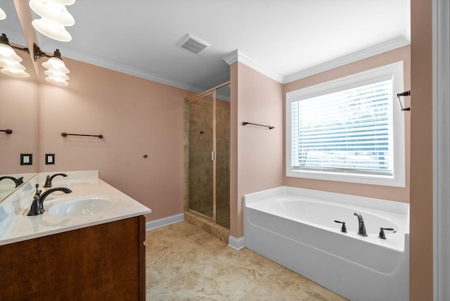 full bath with a shower stall, visible vents, and ornamental molding