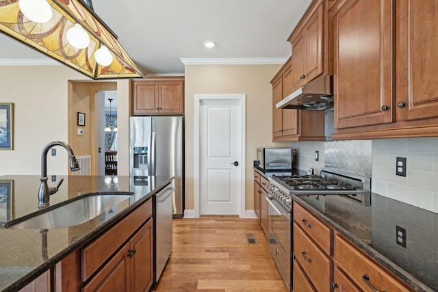 kitchen with under cabinet range hood, ornamental molding, brown cabinets, stainless steel appliances, and a sink