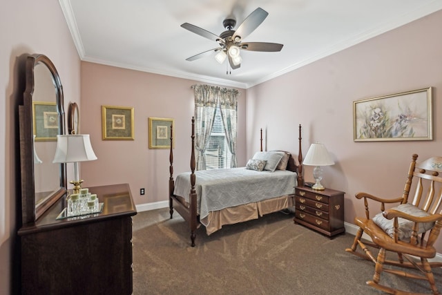 bedroom featuring baseboards, a ceiling fan, dark colored carpet, and ornamental molding