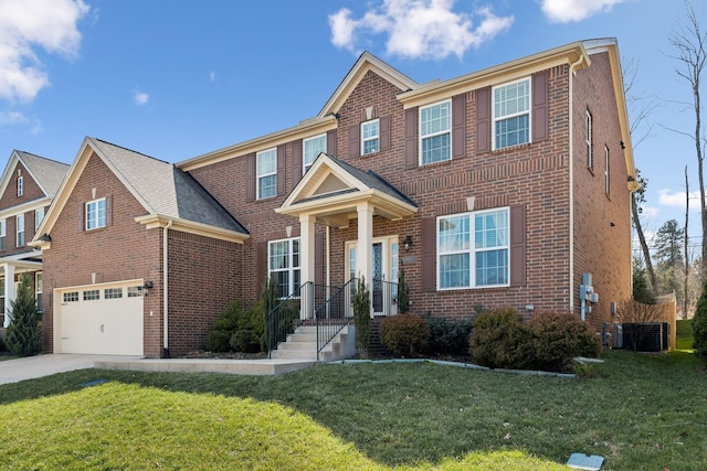 view of front of property with brick siding, a front lawn, concrete driveway, cooling unit, and an attached garage