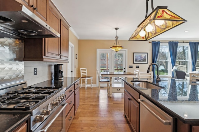 kitchen with light wood-type flooring, under cabinet range hood, a sink, tasteful backsplash, and appliances with stainless steel finishes