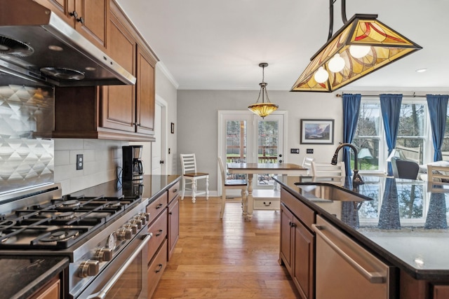 kitchen with tasteful backsplash, under cabinet range hood, appliances with stainless steel finishes, light wood finished floors, and a sink