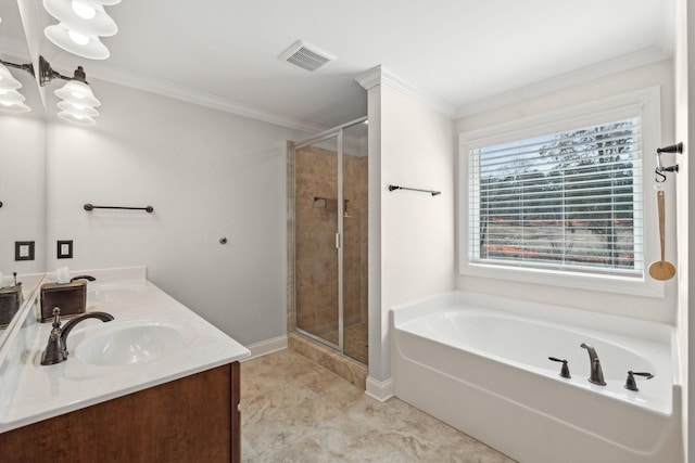 full bathroom featuring a bath, a sink, visible vents, a stall shower, and crown molding