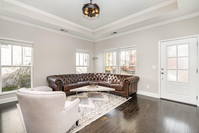 living area featuring a tray ceiling, visible vents, and dark wood-style flooring