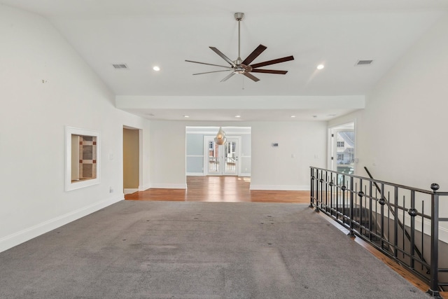 carpeted spare room with recessed lighting, visible vents, baseboards, and ceiling fan