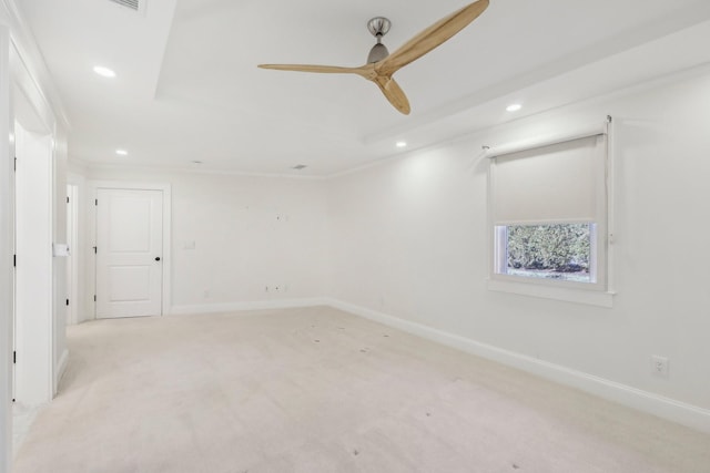 empty room featuring recessed lighting, baseboards, light carpet, and a ceiling fan