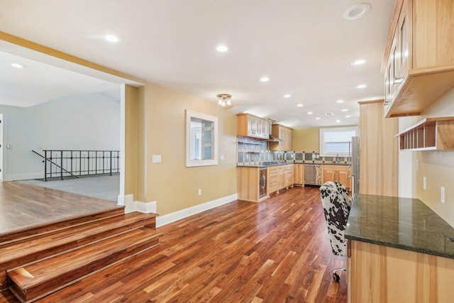 kitchen featuring dark wood-style floors, appliances with stainless steel finishes, and light brown cabinetry