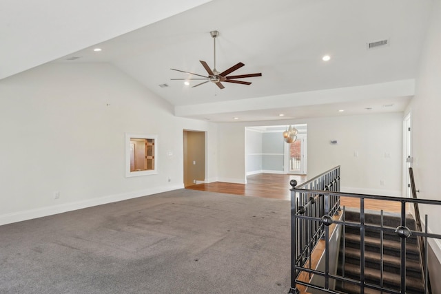 carpeted empty room with visible vents, recessed lighting, baseboards, and ceiling fan