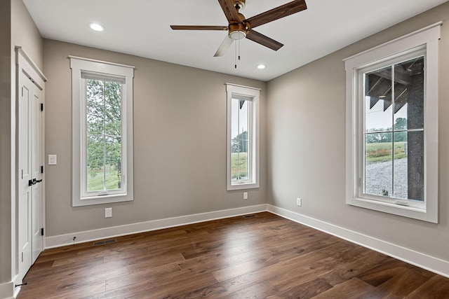 1036 Hidden River Rd, Rock Island, TN 38581 - unfurnished room with a ceiling fan, baseboards, dark wood-style flooring, and recessed lighting